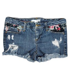 2.1 DISTRESSED DENIM SHORT SHORTS W/ FLORAL ACCENT (26)